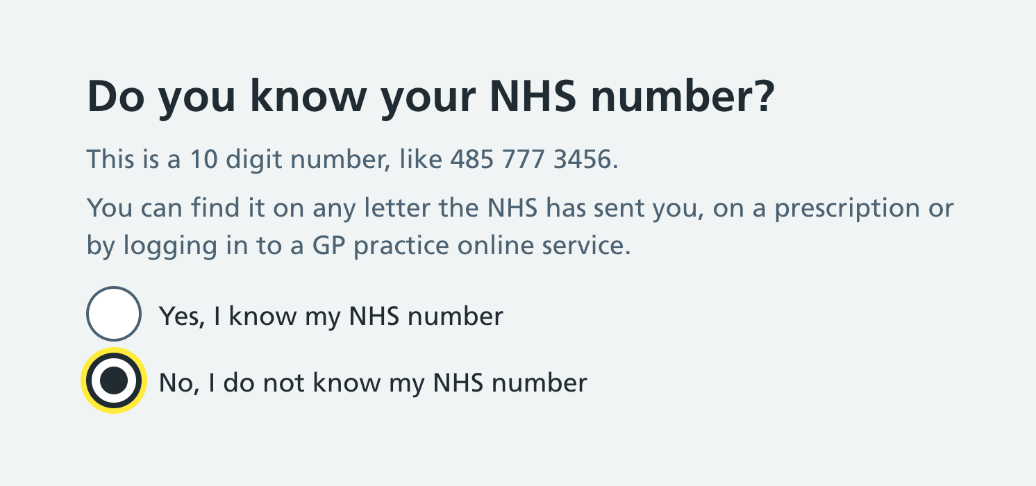 Yes and no radio options to answer the question "Do you know your NHS number?". In this example, the "No" option is focused.