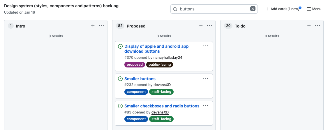 A screenshot of the search bar in the design system backlog